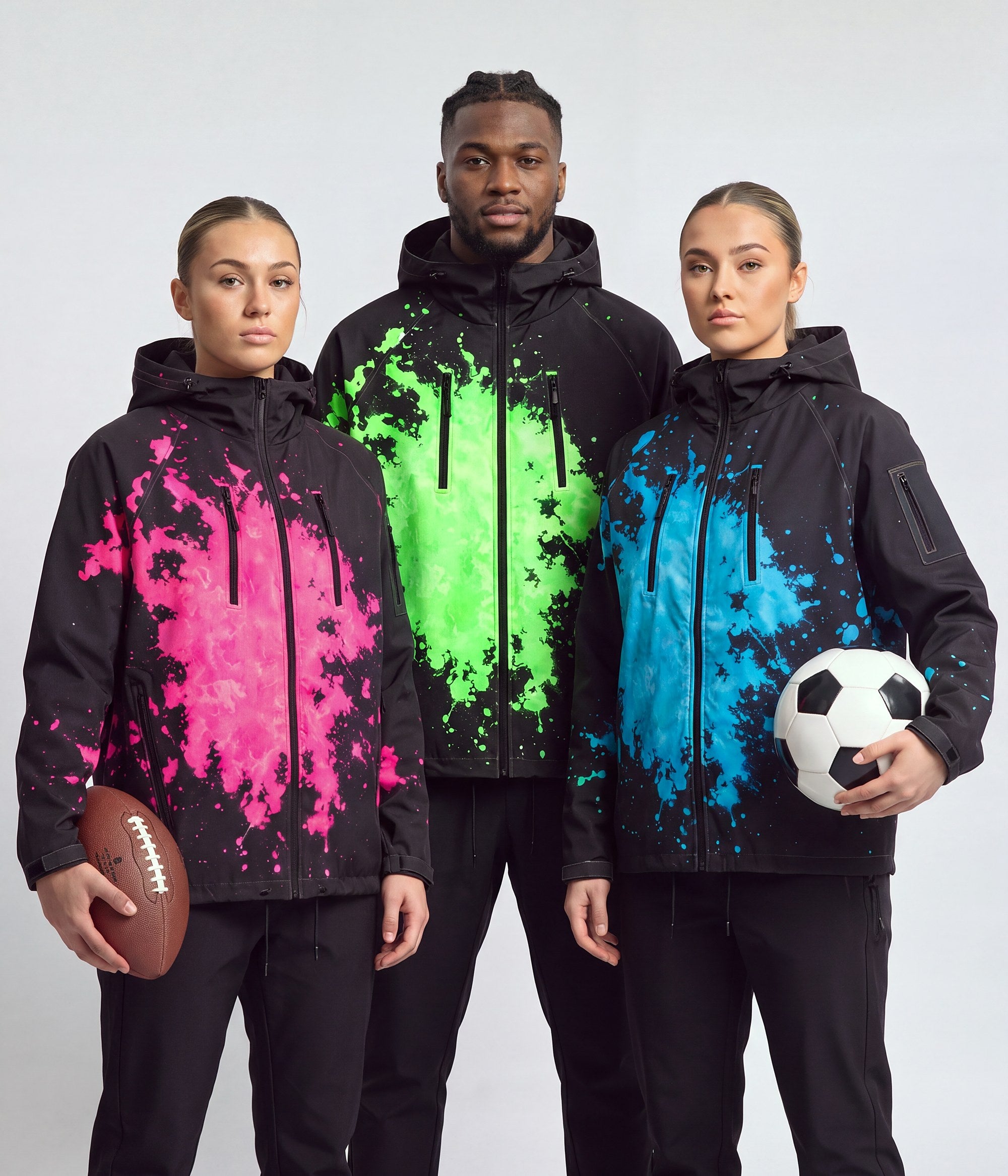 Three athletes in AVYRO jackets, green, pink and blue splash showing